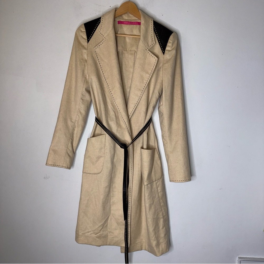 emanuel ungaro Tan Cashmere Trench Coat Leather Studded Belt Size 36